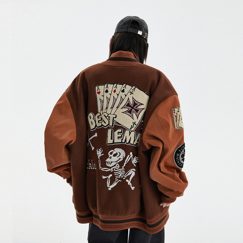 Letter Patched Vintage Varsity Jacket - Poker Face