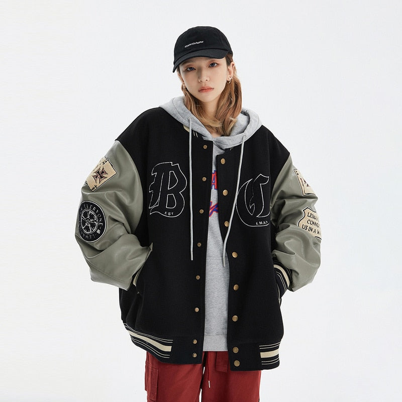 Letter Patched Vintage Varsity Jacket - Poker Face