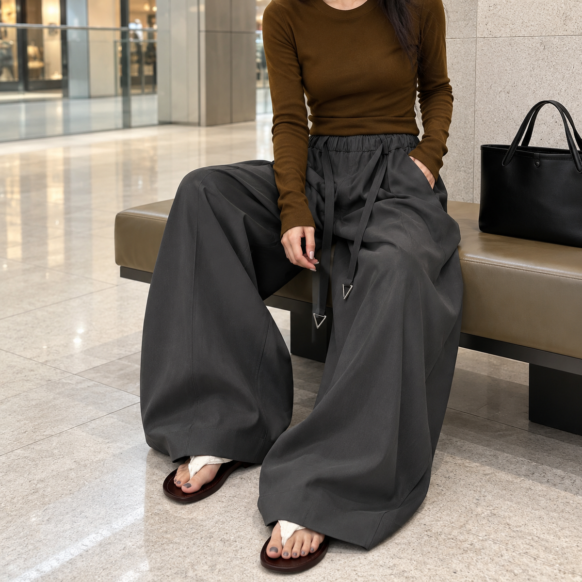 Charcoal Grey Mooncurve Wide-Leg Pants styled at a mall