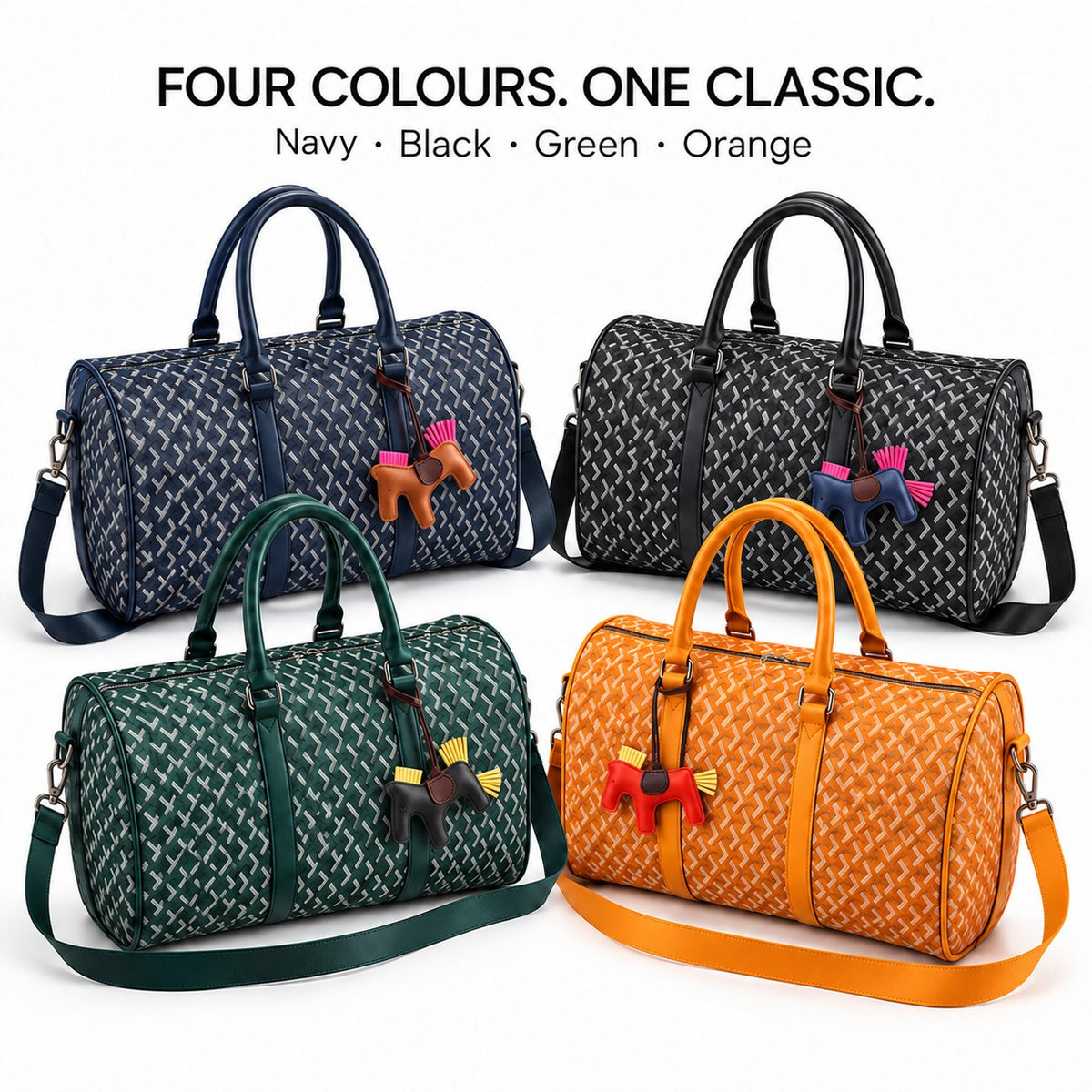 Classic Fly-Horse Truffle Bag in navy, black, green and orange