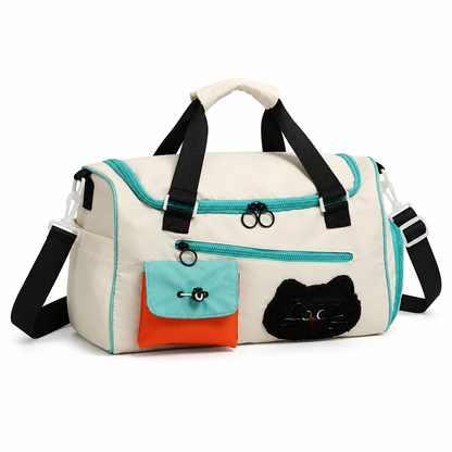 Canyon Dreamhood Series Duffel Midnight Cat, cream with black cat patch, front view