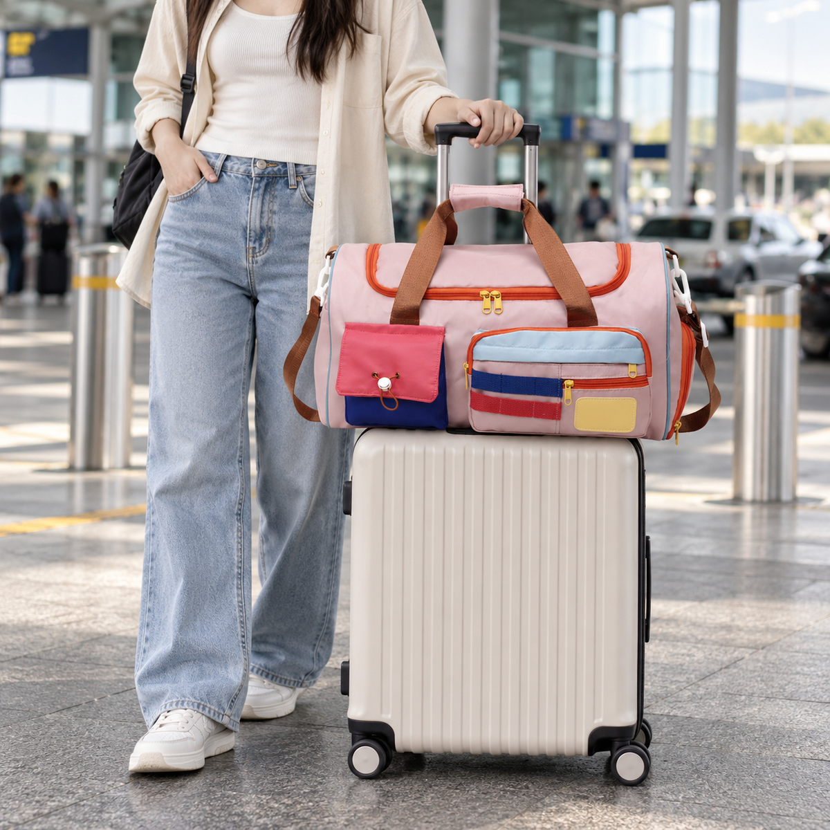 Pink Flamingo duffel on a suitcase at the airport