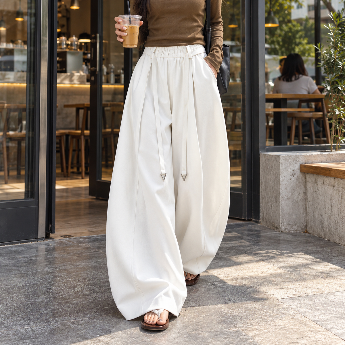 Cloud White Mooncurve Wide-Leg Pants styled at a cafe