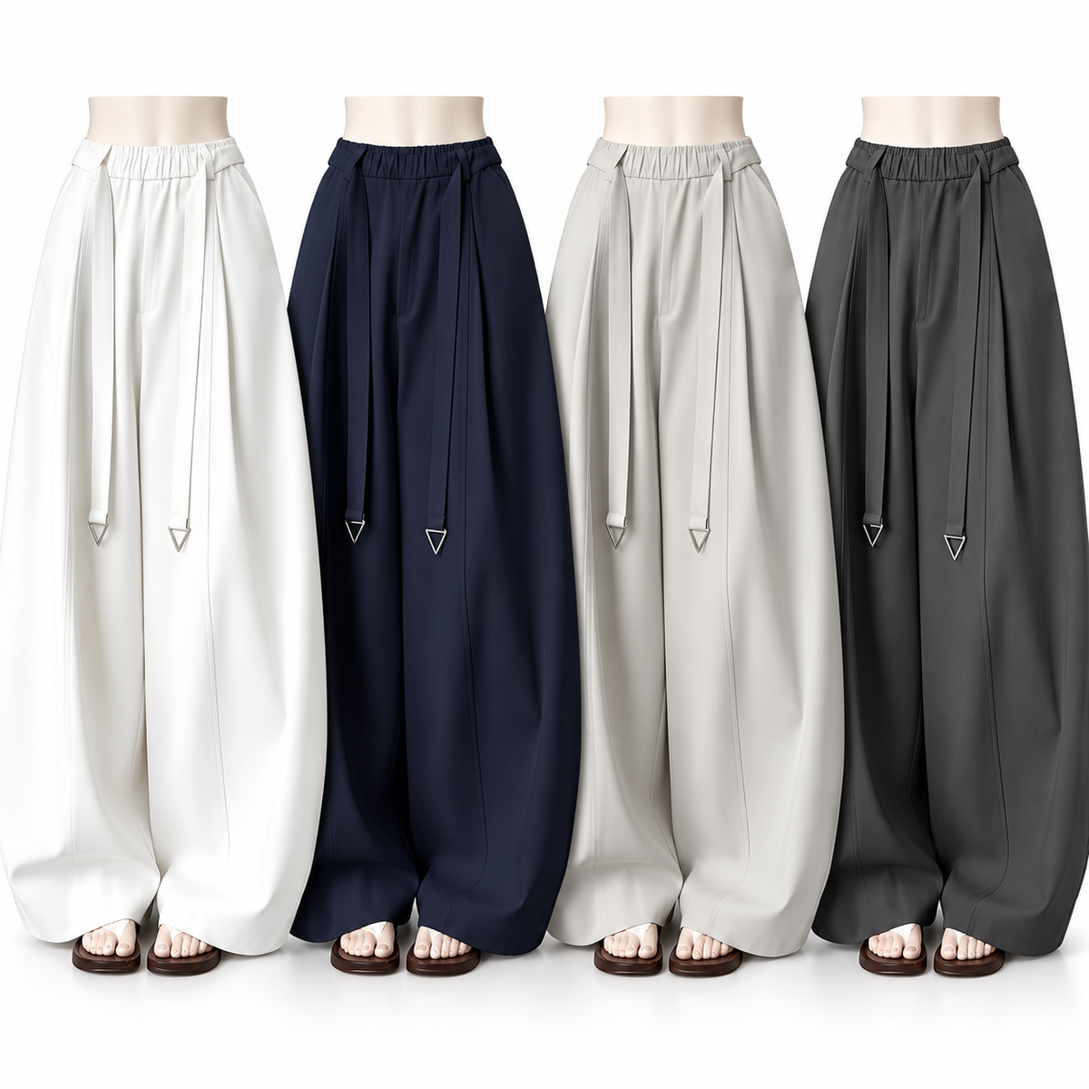 SNK Mooncurve Wide-Leg Pants in Cloud White, Midnight Navy, Mist Grey and Charcoal Grey