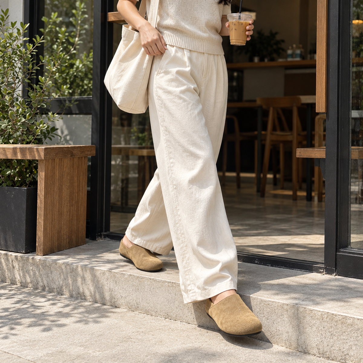 Woman wearing SNK Nomad Comfort Mule at a cafe