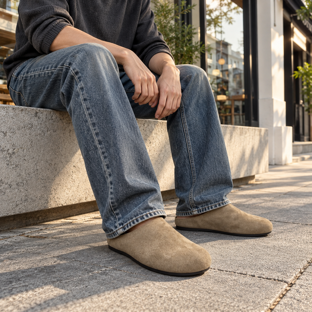SNK Nomad Comfort Mule styled with jeans on the street