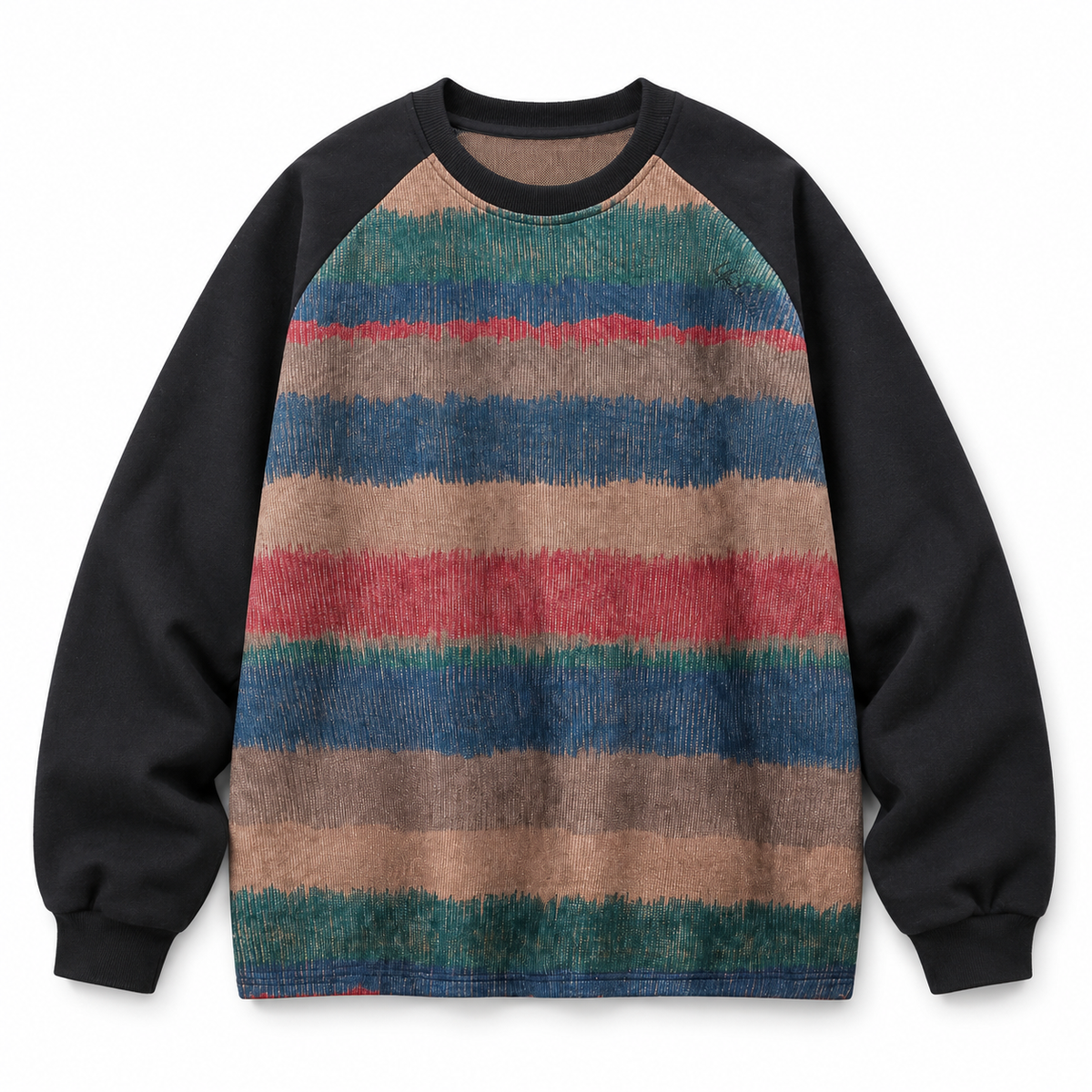 SNK Sunset Stripe Pullover, black raglan sweatshirt with gradient stripes, front view