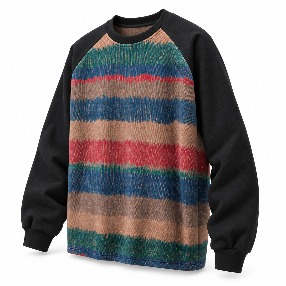 SNK Sunset Stripe Pullover angled side view, black raglan sleeves