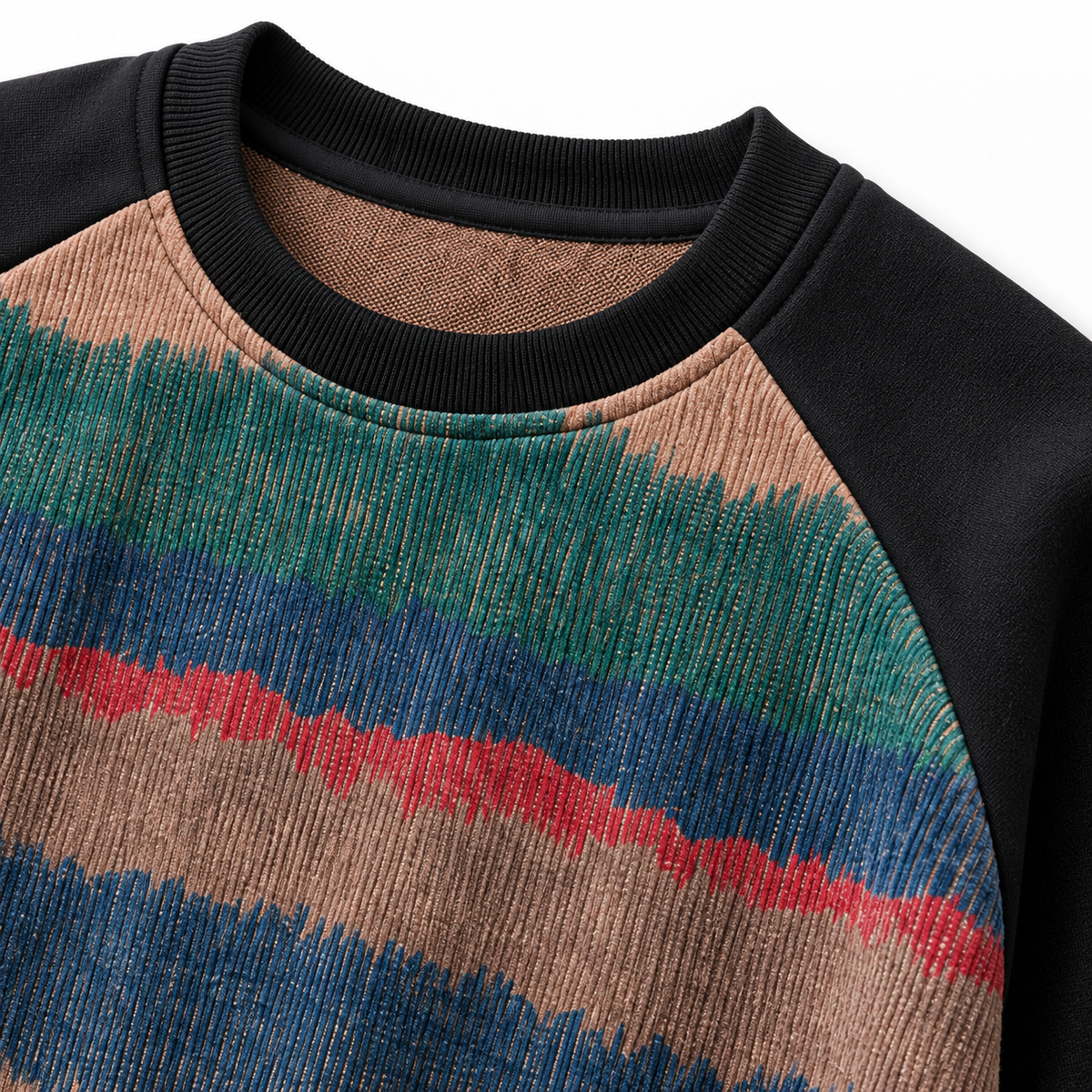 Close-up of ribbed knit texture and crew neck on SNK Sunset Stripe Pullover