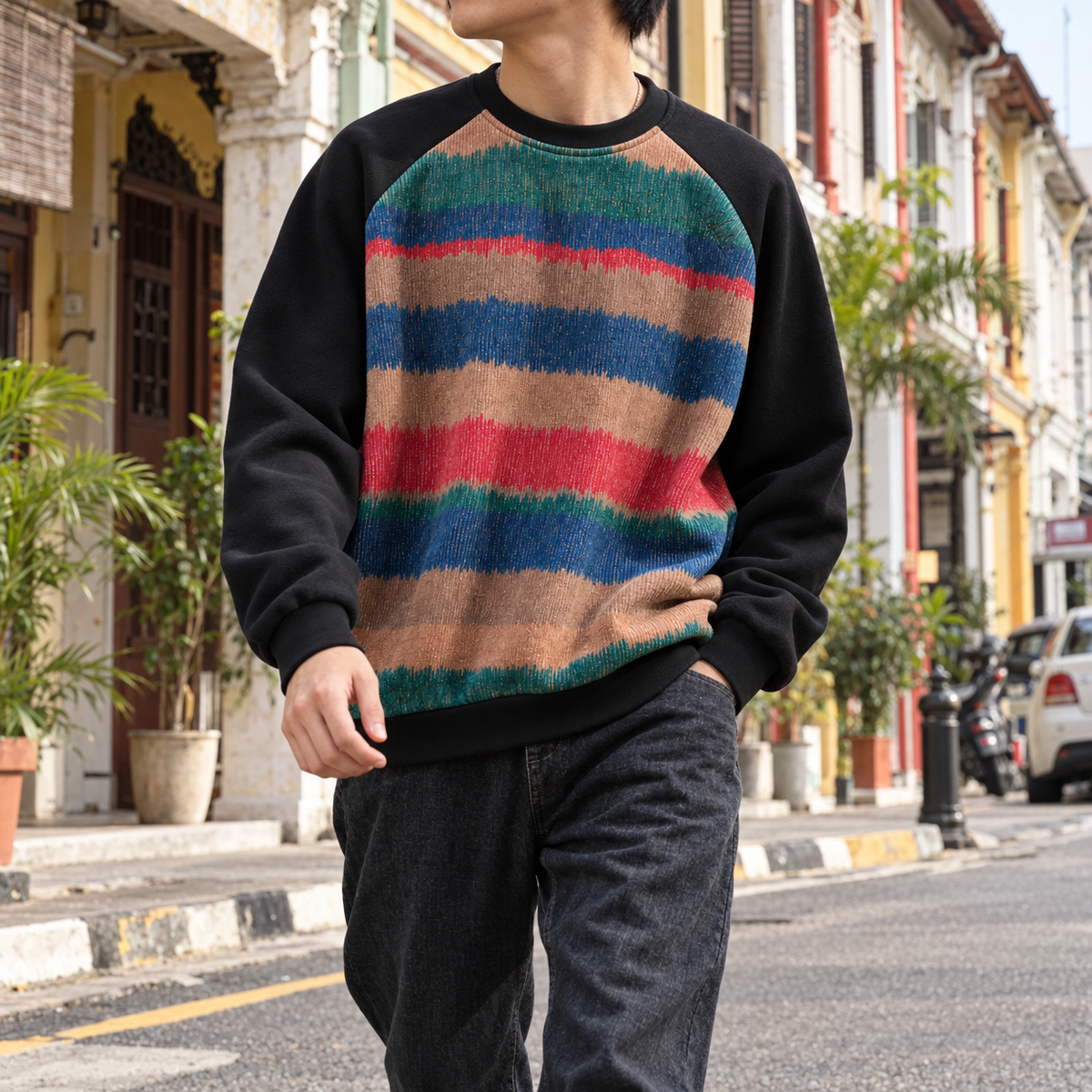 Man wearing SNK Sunset Stripe Pullover on a shophouse street