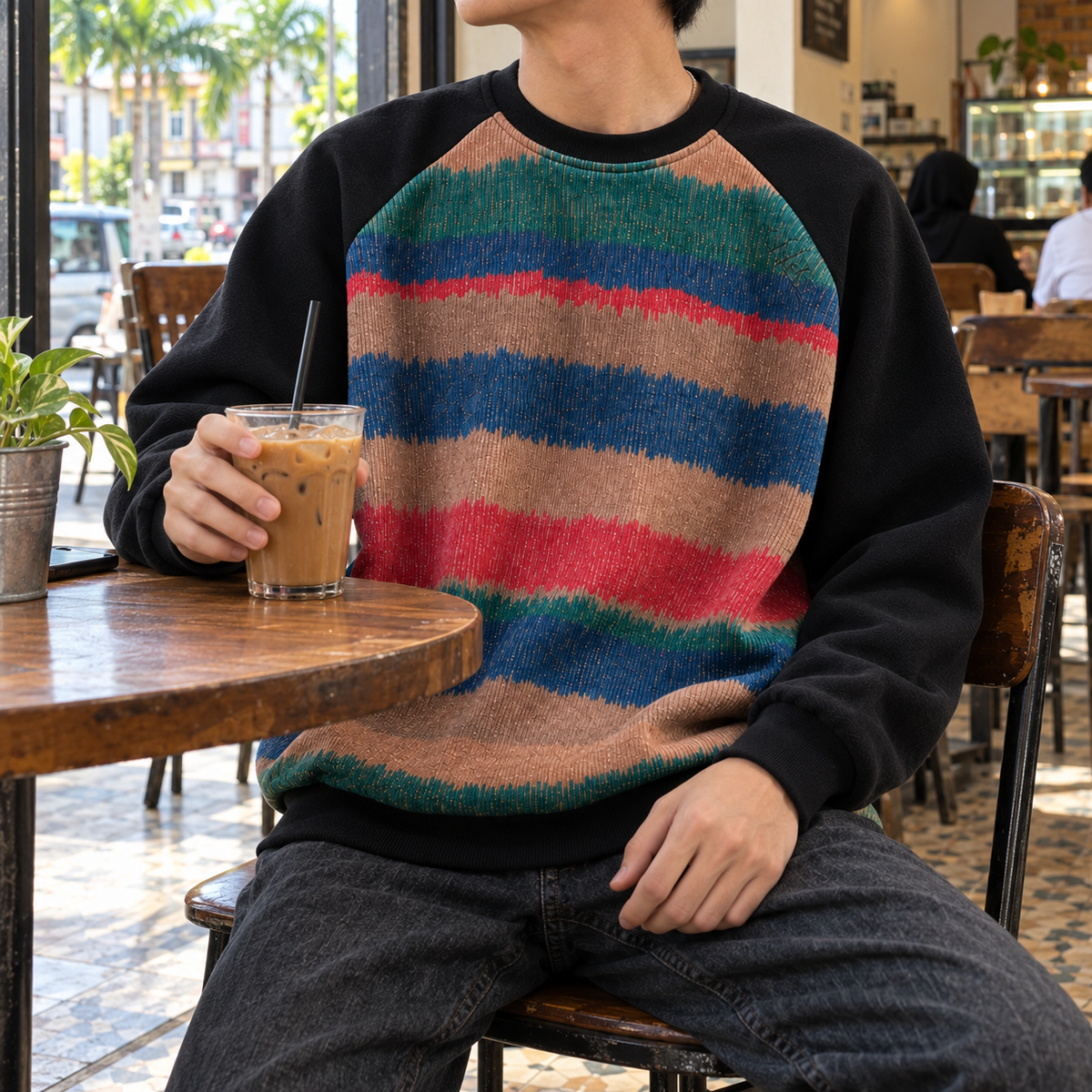 SNK Sunset Stripe Pullover worn at a cafe with iced coffee