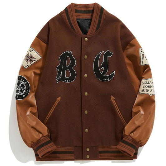 Letter Patched Vintage Varsity Jacket - Poker Face