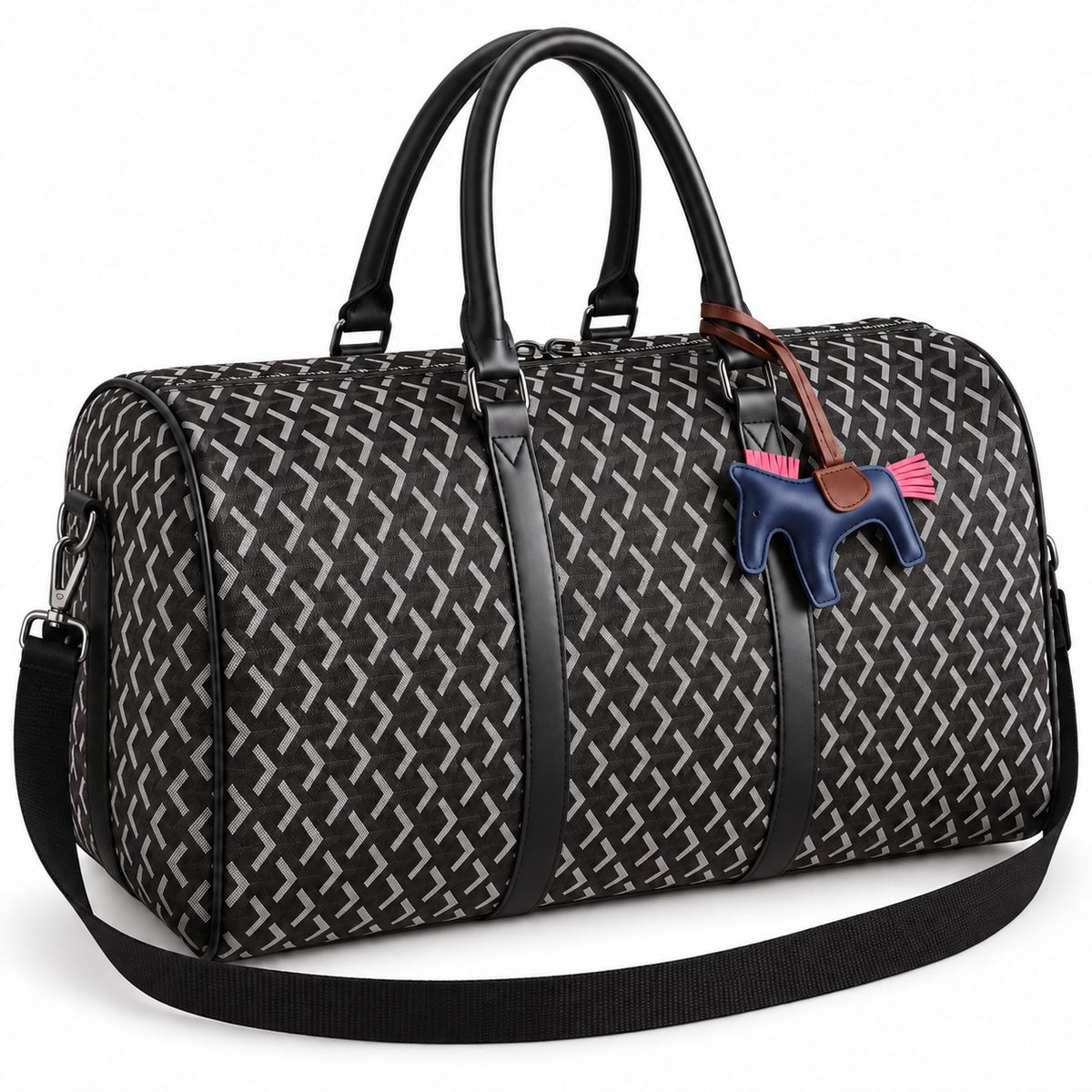 Classic Fly-Horse Truffle Bag in black with navy horse charm and shoulder strap