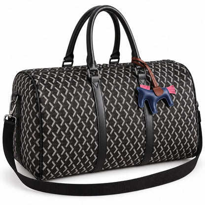 Classic Fly-Horse Truffle Bag in black with navy horse charm and shoulder strap