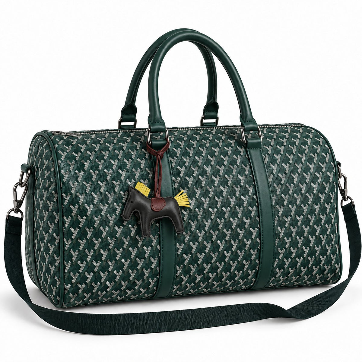 Classic Fly-Horse Truffle Bag in green with black horse charm and shoulder strap