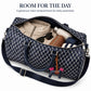Open main compartment of the truffle bag packed with jacket, bottle and pouch