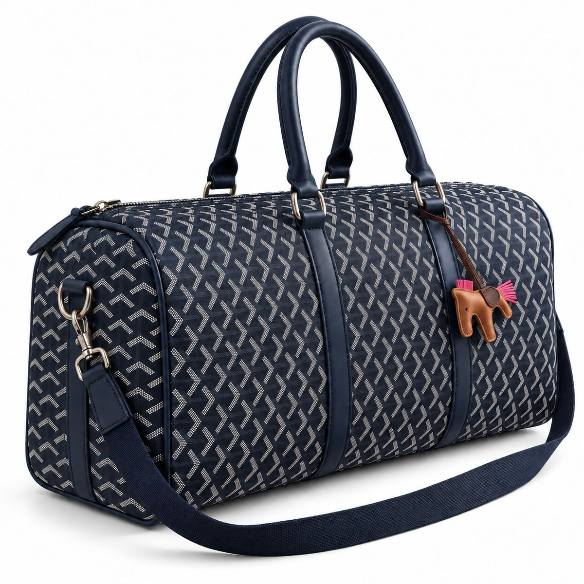 Side view of the navy truffle bag showing end panel, D-ring and strap clip