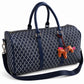 Classic Fly-Horse Truffle Bag in navy, printed duffel with brown horse charm and shoulder strap