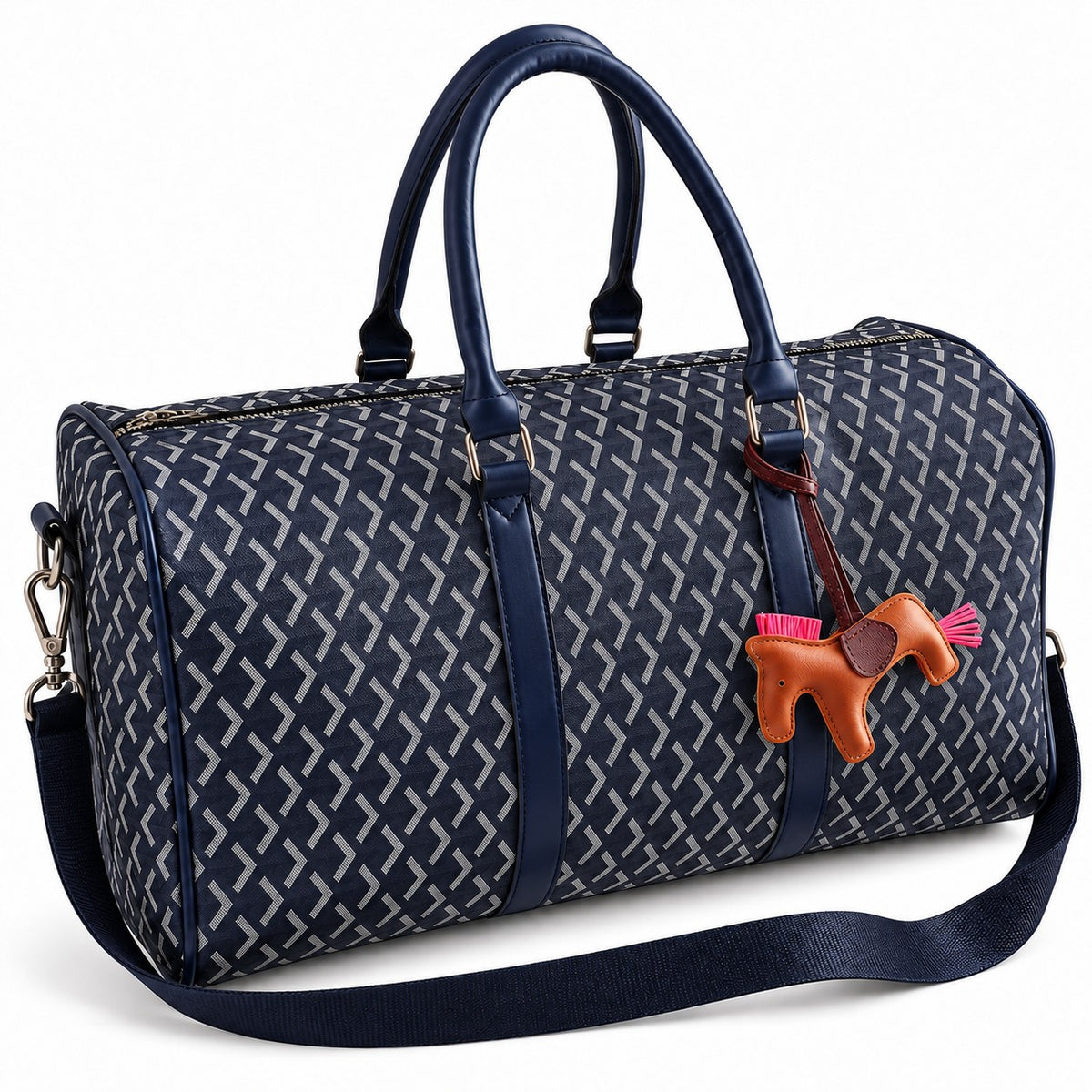 Classic Fly-Horse Truffle Bag in navy, printed duffel with brown horse charm and shoulder strap