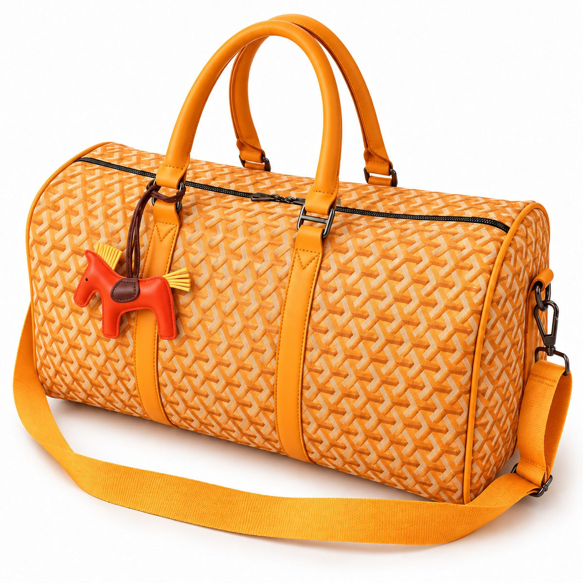 Classic Fly-Horse Truffle Bag in orange with red horse charm and shoulder strap