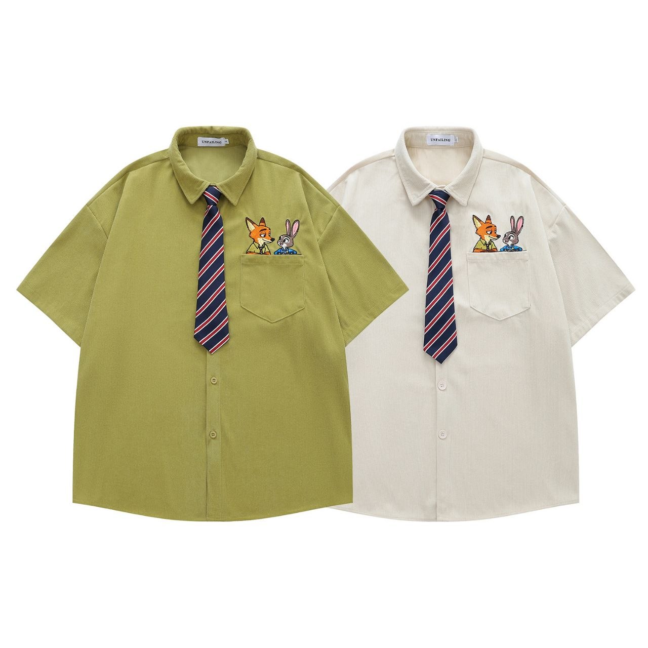 "Pocket Fox & Rabbit" Oversized Corduroy Sleeve Shirt