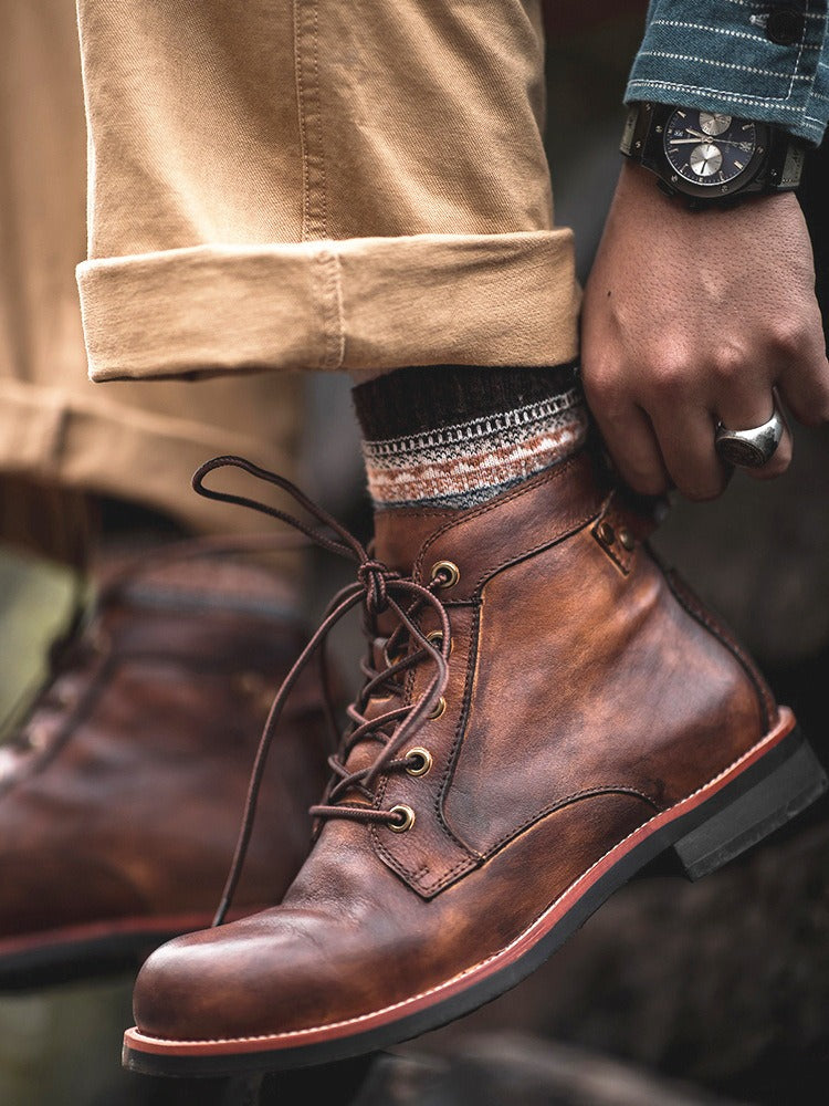 Men Vintage Lace-Up Leather Boots